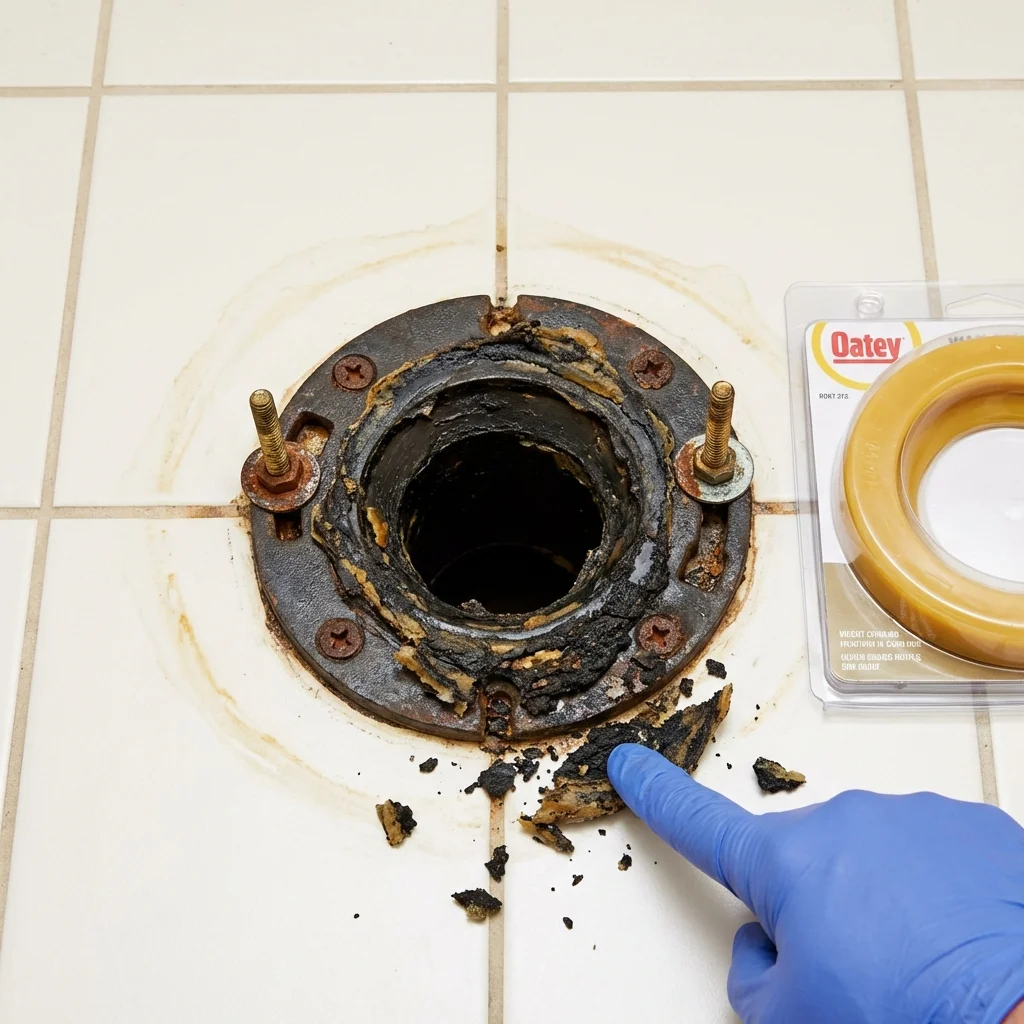 Failed wax ring showing water seepage at the base of a toilet in a Bradford, PA home