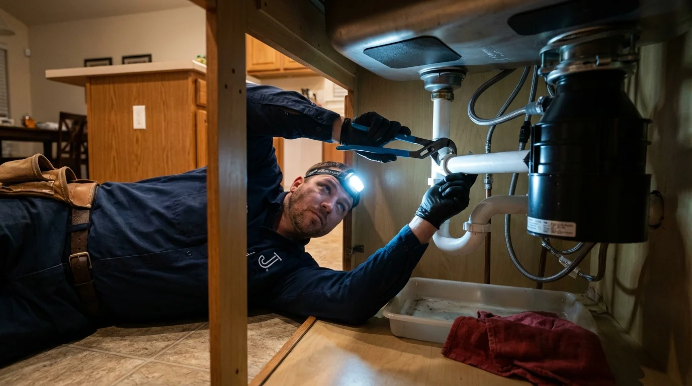 P-trap and supply line connections under a kitchen sink showing a common leak point in Bradford, PA